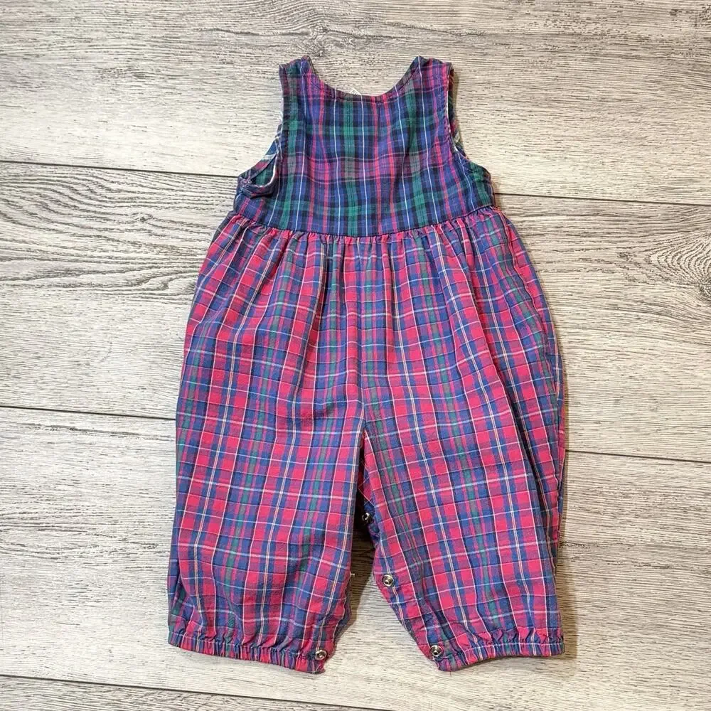 Vintage OshKosh Baby B’Gosh Red Purple Plaid Bubble Romper Size 6-9 Months 80s